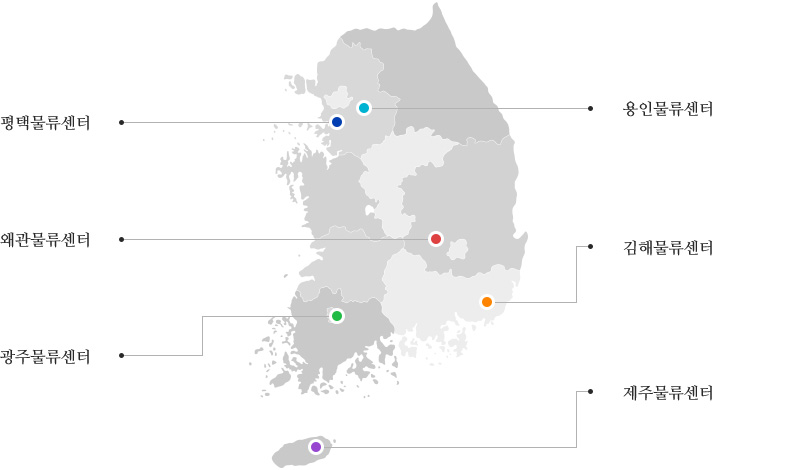 전국물류센터(평택물류센터, 용인물류센터, 왜관물류센터, 김해물류센터, 광주물류센터, 제주물류센터)