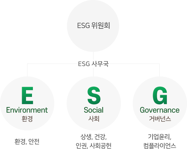 ESG 위원회 - ESG 사무국, 환경(환경, 안전), 사회(상생, 건강, 인권, 사회공헌), 거버넌스(기업윤리, 컴플라이언스)